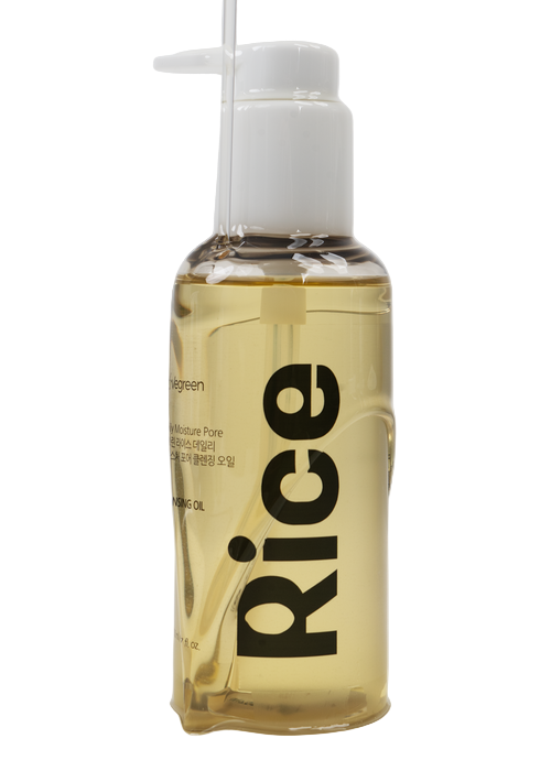 vegreen Rice Daily Moisture Pore Cleansing Oil 150 ml flaska med vätska som rinner på utsidan