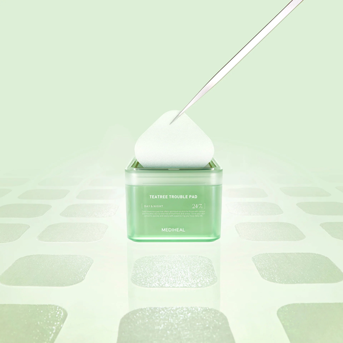 mediheal Teatree Trouble Pad 100 förpackning en pad tas ur